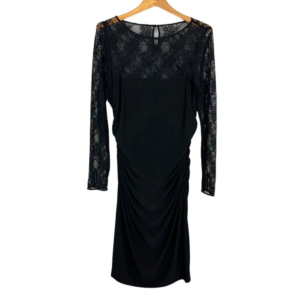 American Living Dress Womens 16 Black Sheath Lace Ruched Long Sleeve Knee Length
